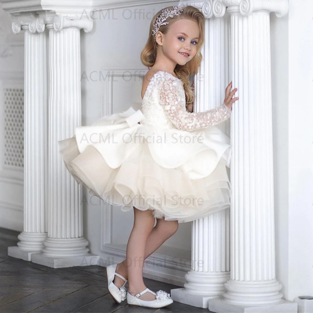 

Baby Dress First Communion White Tutu Flower Girl Dresses New Arrived Charming Cap Sleeve Prom Gowns with A Bow Fille Robe 2022