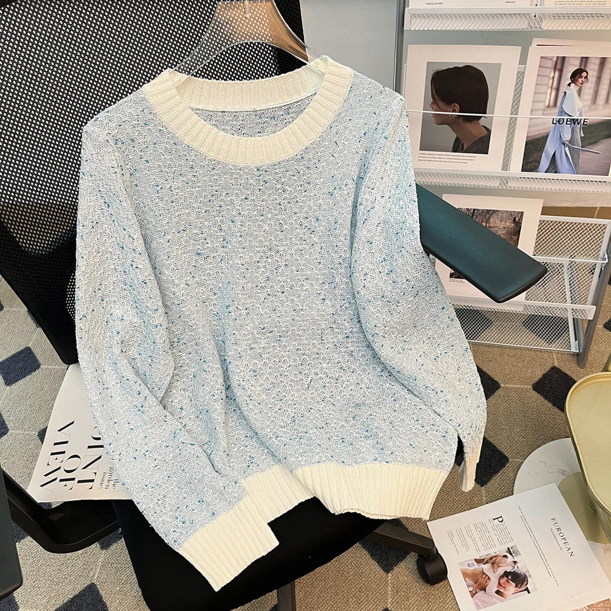 

Knitted Pullover For Women, Blue Color, Loose Round Neck Long Sleeve Jumpers, Streetwear Sweater, 여성 반팔 니트 pulls