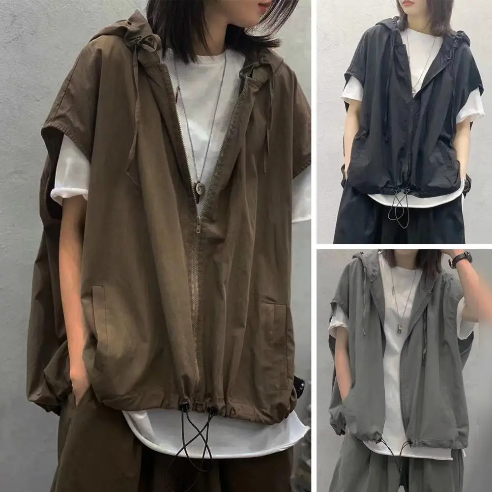 Thin Vest Coat Hooded Sleeveless Jacket Waistcoat Harajuku Women Hip Hop Style Oversized Zipper Placket Thin Vest Jacket