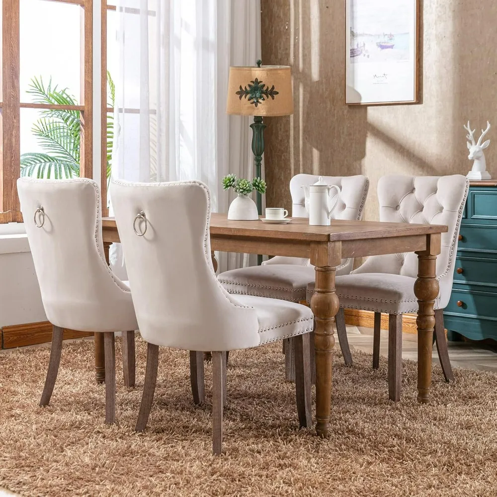 Beige Velvet Dining Chairs Set of 4, Kitchen & Dining Room Chairs Set of 4, Tufted Dining Chairs, Velvet Upholstered 2