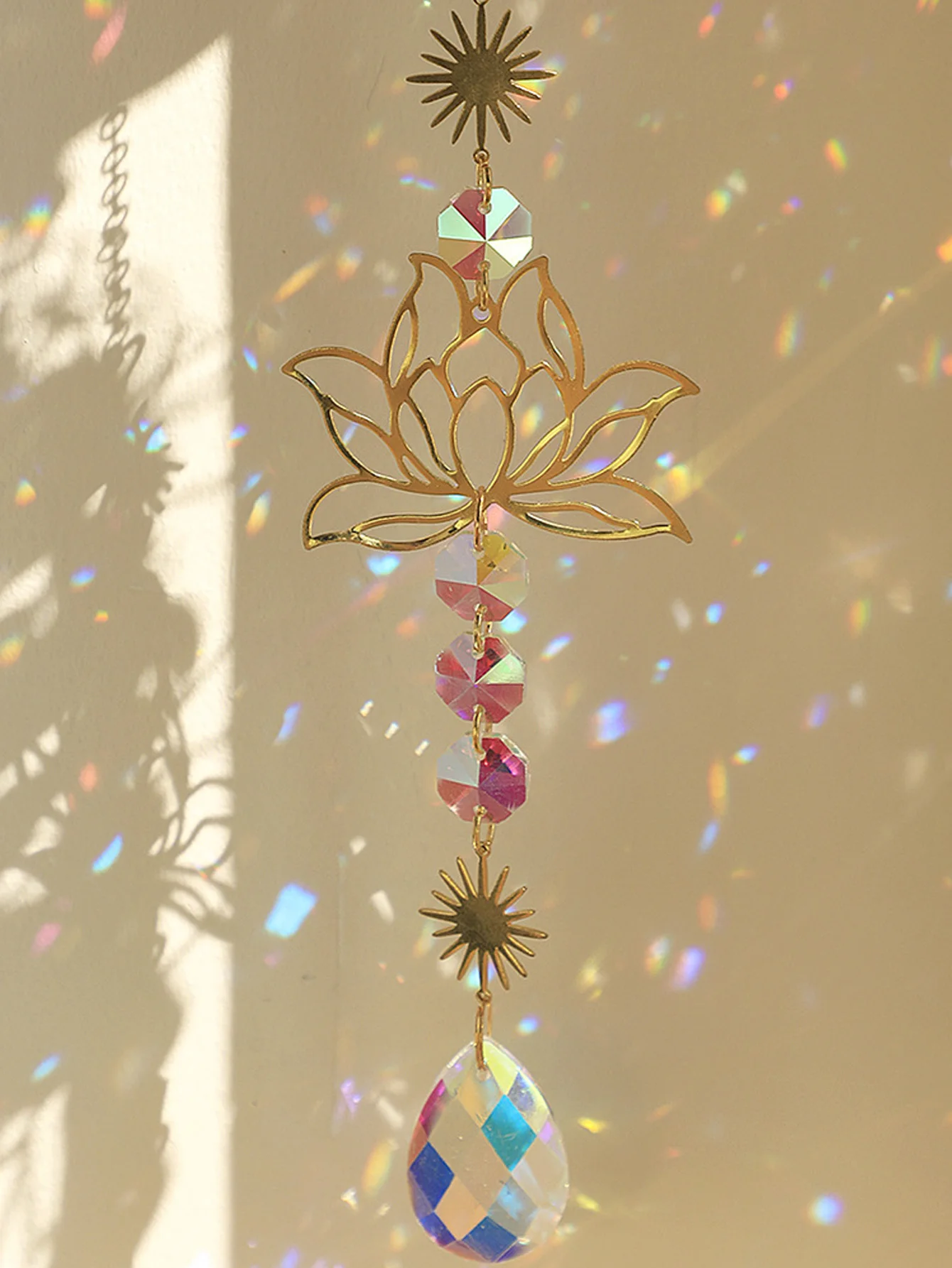 Suncatcher Gardening Crafts Crystal Decoration Pendant Golden Lotus AB Colorful Water Drop 1pc