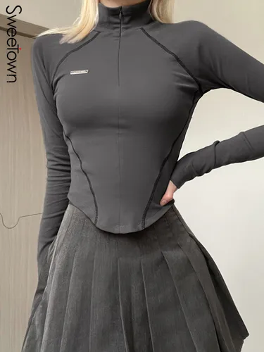 Sweetown 여성용 그레이 스티치 상의, 집업 터틀넥 긴팔 스키니 캐주얼 스트리트웨어 티, 불규칙한 밑단, 기본 한국 티셔츠 3