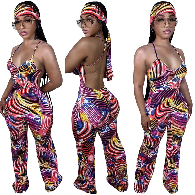 Colorful Printed Spaghetti Straps Backless Jumpsuit with Headband Women Sexy Summer Casual V Neck Sleeveless Romper Overalls