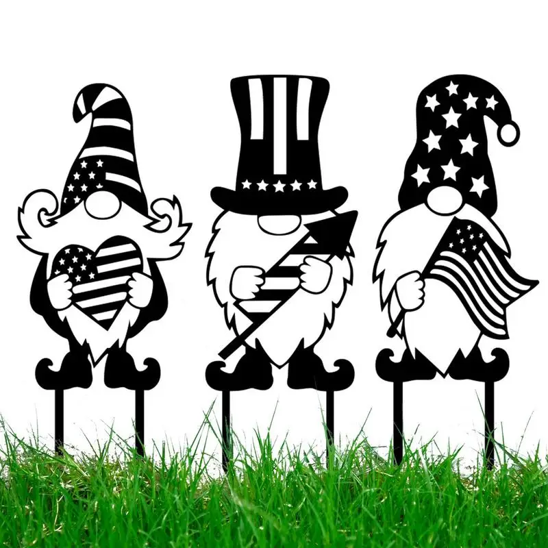 

Metal Gnomes Garden Stakes Cute Gnome Silhouette Ornaments Hollowed Ground Sign For Independence Day Outdoor Yard Decor