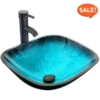 16.5" Bathroom Vessel Sink Single Turquoise Square Tempered Glass Basin Countertop Bowl Sink, W/Water Save Faucet Pop Up Drain 1