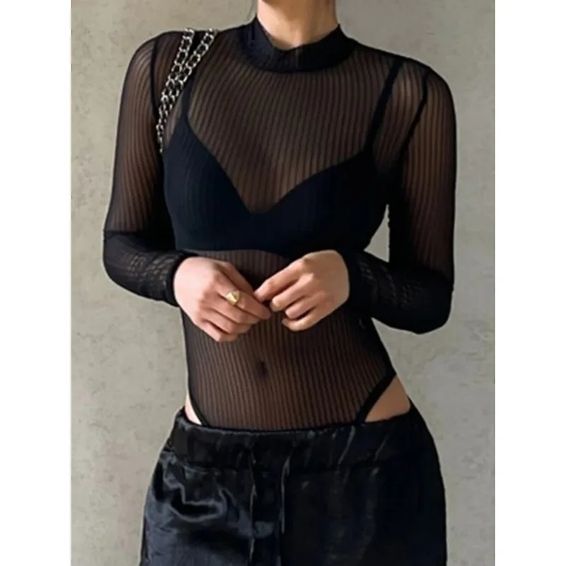 

Gauze One-Pieces Bodysuit See Through Lingerie Sexy Body Feminino Black Top Women Bustier Backless Lenceria Femenina Long Sleeve