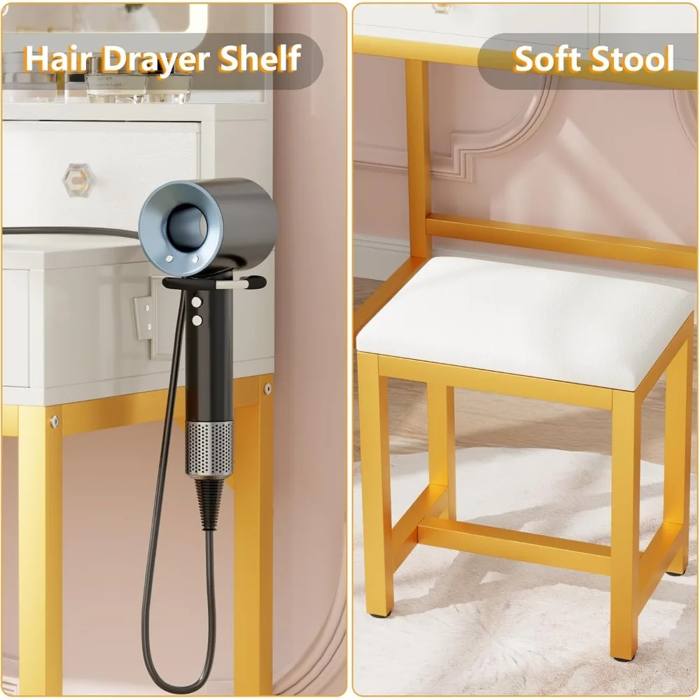 Vanity Desk with LED Lights Mirror and Power Outlets, Small Makeup Vanity Desk Stool Set with 4 Drawers, Dressing Tabl 6