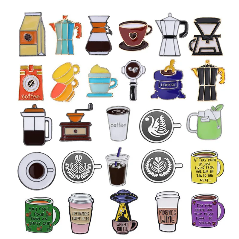 Random coffee-themed enamel pins set – mugs, kettles, grinders, and coffee slogans on light background