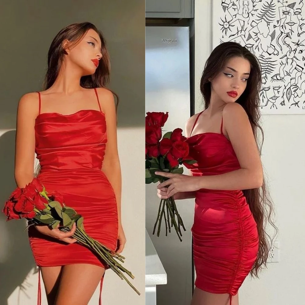 

Simple Spaghetti strap Sheath Evening Dresses Fold Shirred Satin Mini Prom sexy Matching Sizes Available vestido de gala