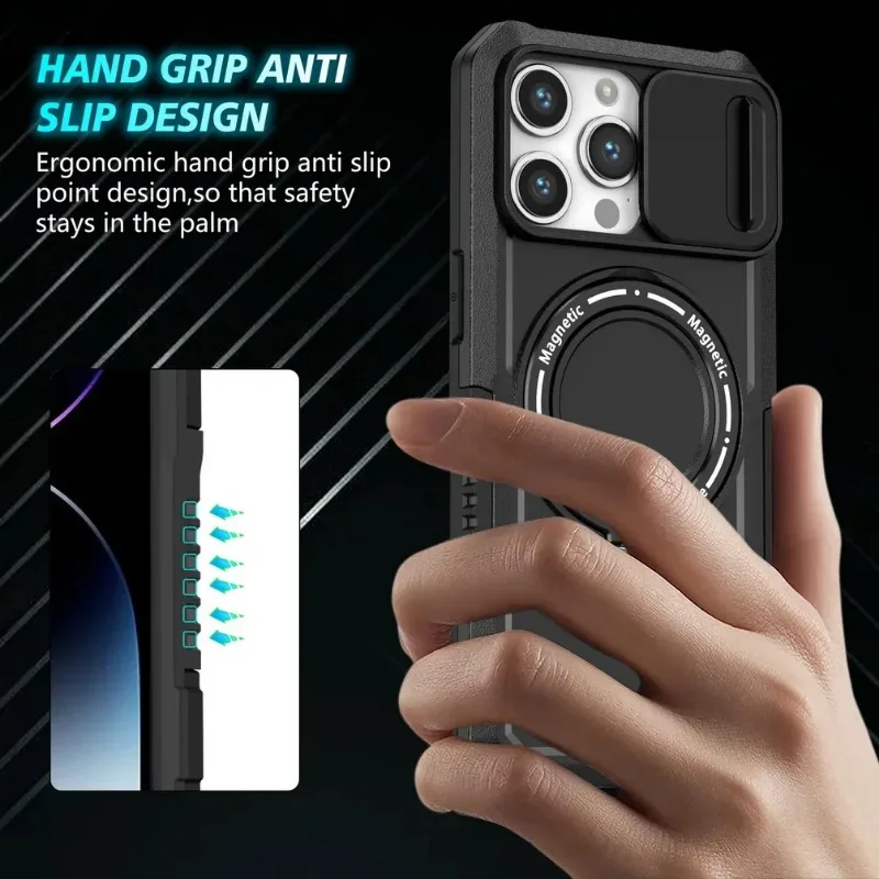 Magnetic Adsorption Case with Sliding Camera Protector and Metal Holder
