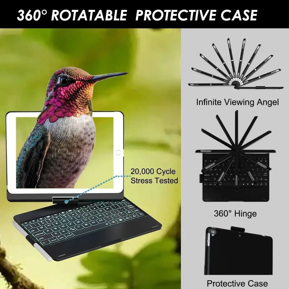 Rotatable Case de Teclado Retroiluminado para Ipad 5th 6th Gen 2023 Pro 9.7 Teclado sem Fio Bluetooth Case Giratória para Ipad Air1 Air2 9.7in - Imagem 5