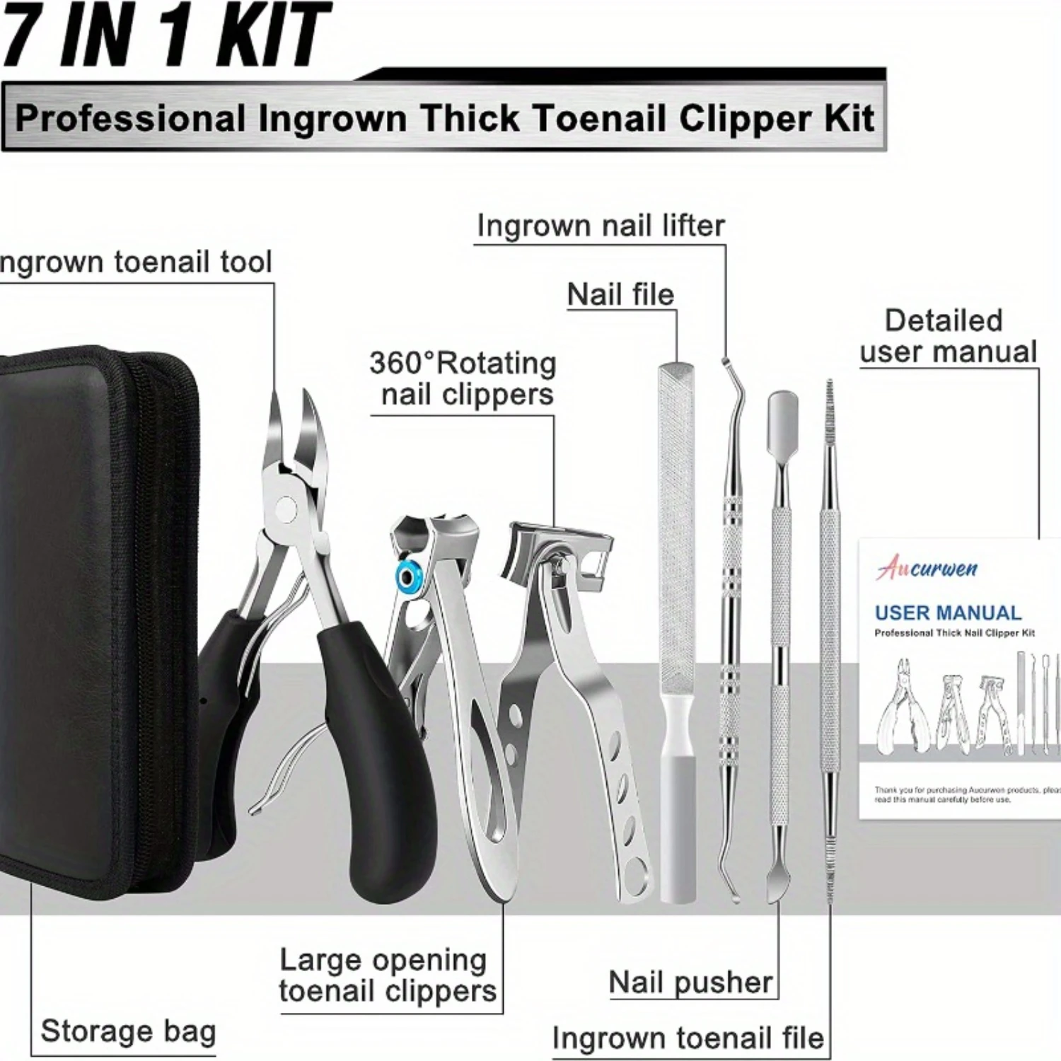 Toenail Clippers Set for Thick Nails, Ingrown Toenail Treatment Kit with Non-Slip Handle, &deg; Rotating Clipper, Lifter, File & Pu