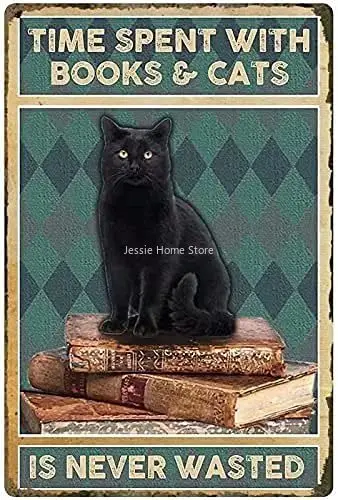 

Cat Retro Metal Tin Sign,Books Cats Is Never Wasted Art Retro Poster,Bedroom Poster Cafe Home Retro Aluminum Poster 8x12