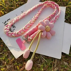 Elegant Hand - Woven Crossbody Phone Lanyard - Durable Anti - Lost Strap with Floral Design (Pink)