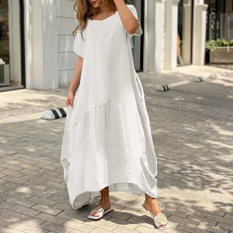 Cotton Linen V Neck Summer Dress for Women