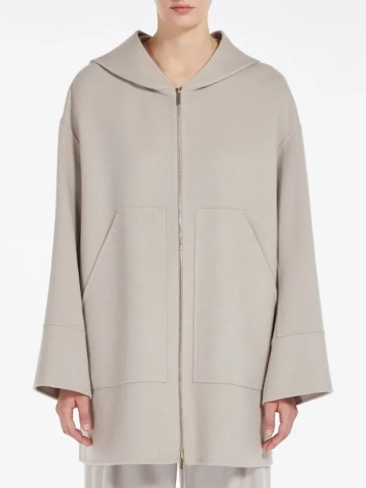 

Jacket for Women 2023 New Fall Winter Woolen Double-Sided Split Zipper Solid Color Loose Long Sleeve Coat