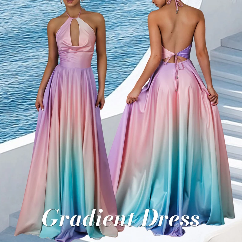 Sexy Deep V Dress Backless Sling Halterneck Dresses Purple Pink and Blue Gradient Dinner Party Birthday Dress Summer Long Dress
