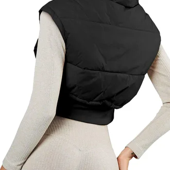 여성용 드로스트링 후드 퍼퍼 조끼, 민소매, 스탠드 칼라 크롭 다운 조끼, 집업 패딩 질렛, 주머니가 있는 겨울