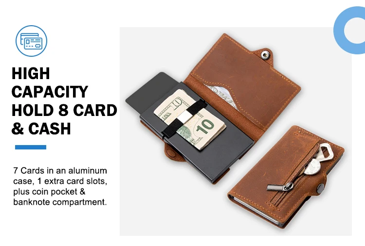 SKYCOVER Men Wallets - Real Cow Leather Pop-Up Business Credit Card Holder - RFID Blocking Slim Smart Carbon Fiber Wallet with Pocket