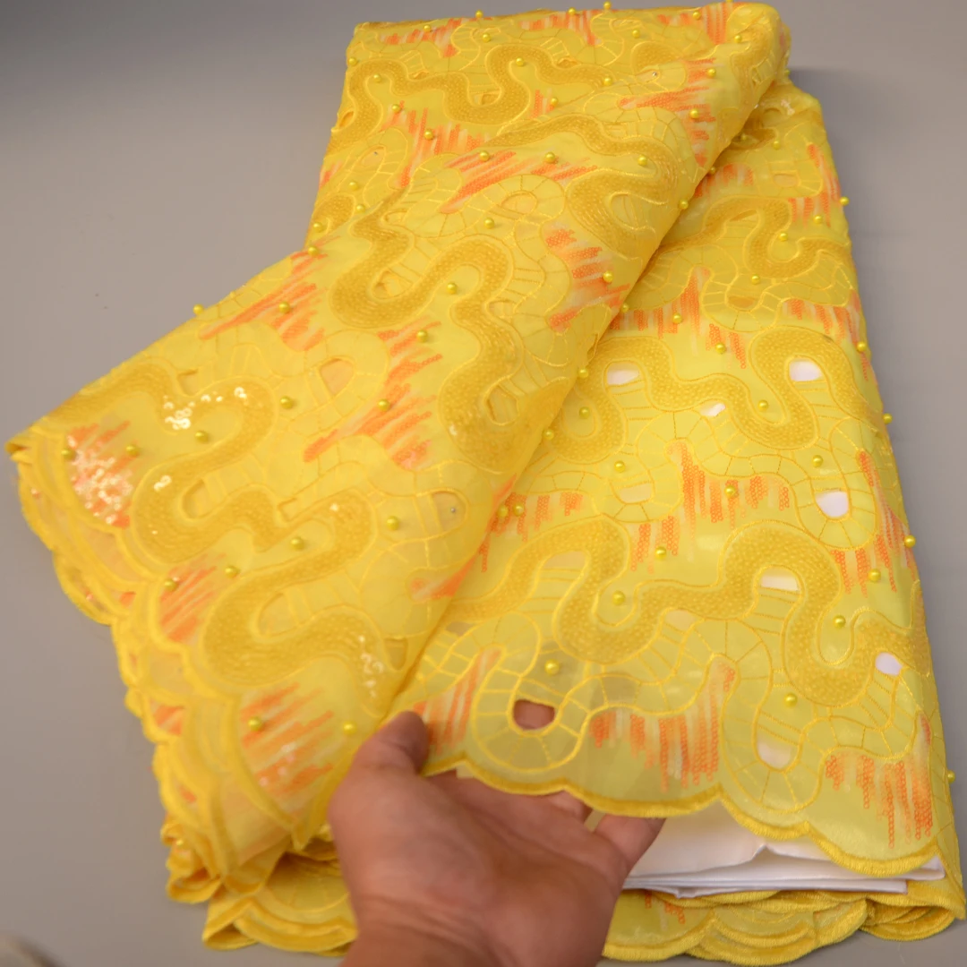 

(5yards/pc) High quality hand cut African organza lace fabric yellow Nigerian party lace with sequins embroidery and beads OP174