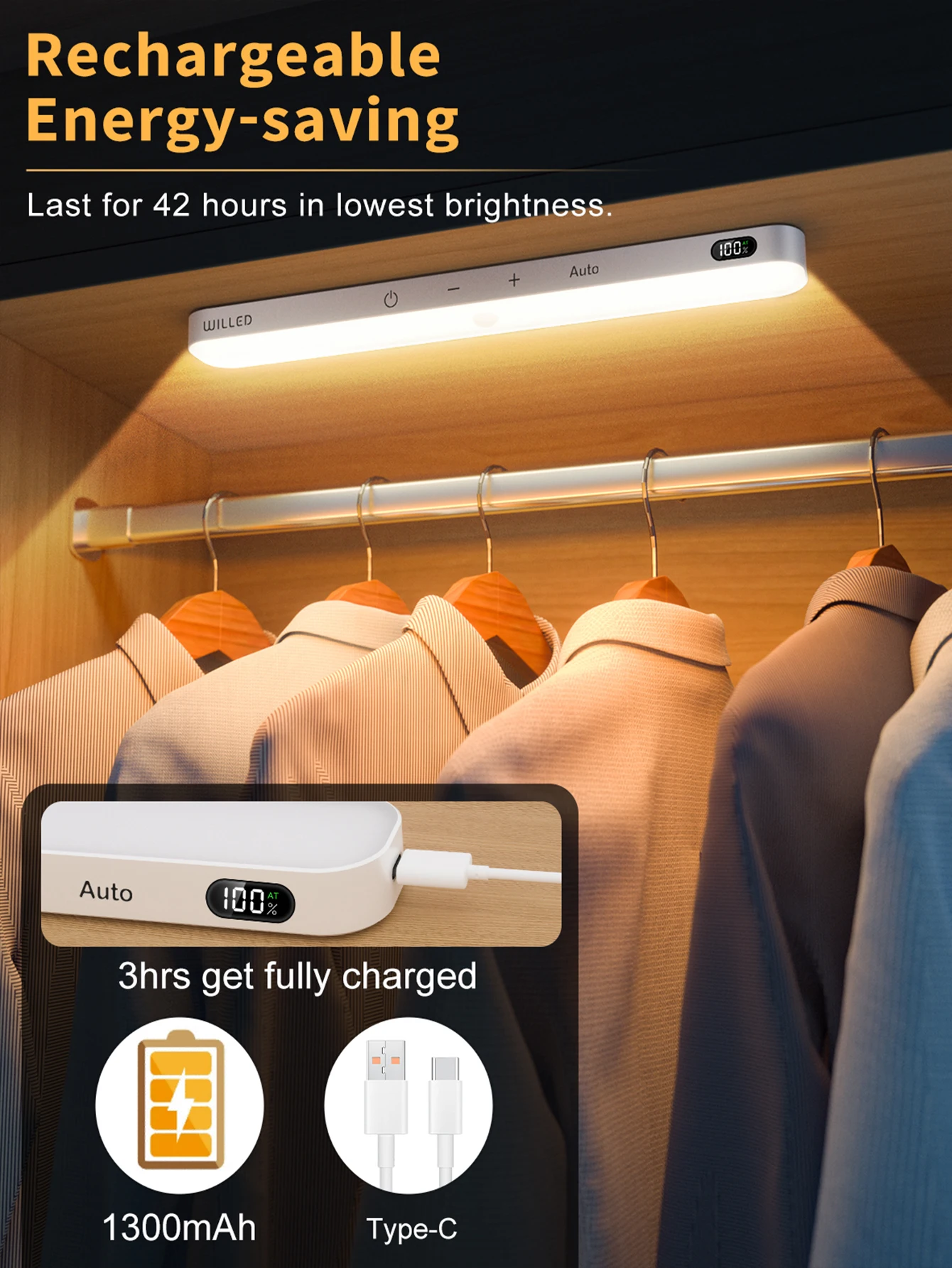 WILLED Warm Light Motion Sensor Cabinet Light Battery Display 60 LED Touch Light Bar Wireless Rechargeable Battery Night Light 4