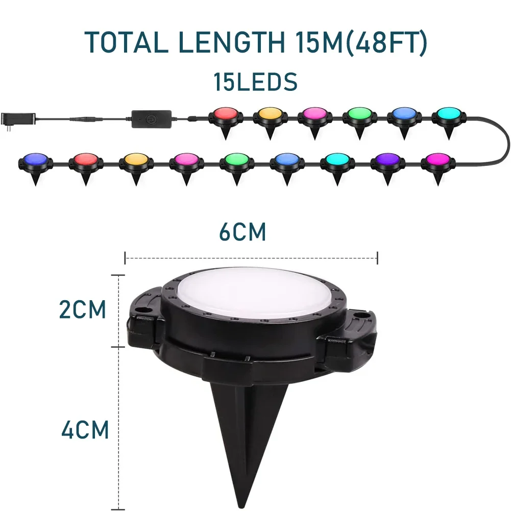 15m Smart Ground String Lights 24V RGB 15leds Waterproof APP Outdoor Deck Spotlight Buried Lawn Lamps Garden Decoration