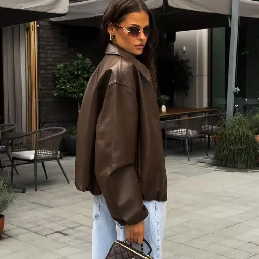 Veste bomber en cuir PU pour femme, à fermeture éclair, col à revers, manches longues, coupe ample, marron, pour l'automne et l'hiver, style streetwear vintage
