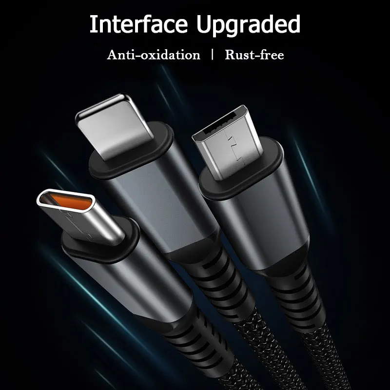 2pcs 3-In-1 Fast Charging Cable USB A To Type C Micro USB Mobile Phone Cable for iPhone Xiaomi Huawei Tablet Lamp Charger 120cm