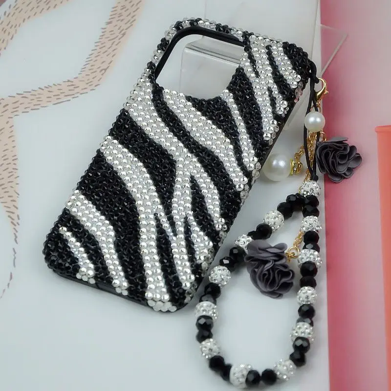 Phone Case for Samsung Galaxy S24 Ultra A15 A35 A55 A54 A13 S23 S22 S21 FE Black and White Zebra Print Rhinestone Back Cover