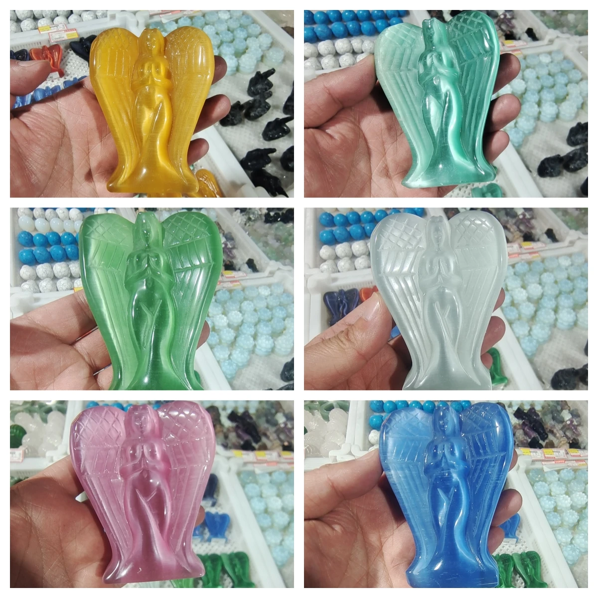 

85mm 1pc Beautiful Natural Cat Eye Stone Mineral Carved angel Crystal Statues Ornament Feng Shui Craft Home Decoration
