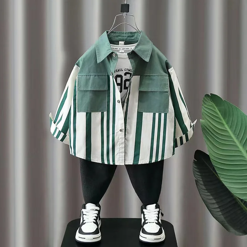 Boys Spring and Autumn Shirts New Handsome Boys Striped Shirts Children's Clothing Coat Casual Top Trend Kids Clothing