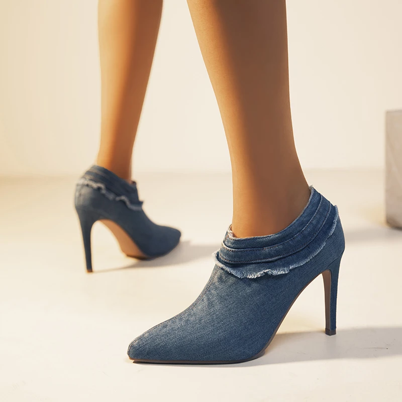 High Heels for Women 2023 Denim Super Elegant Woman Heeled Shoes Pumps