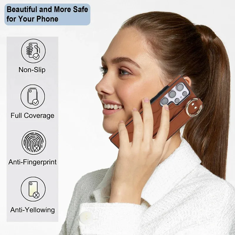 Luxury PU Leather Ring Phone Case with Wrist Strap Holder - Shockproof Cover