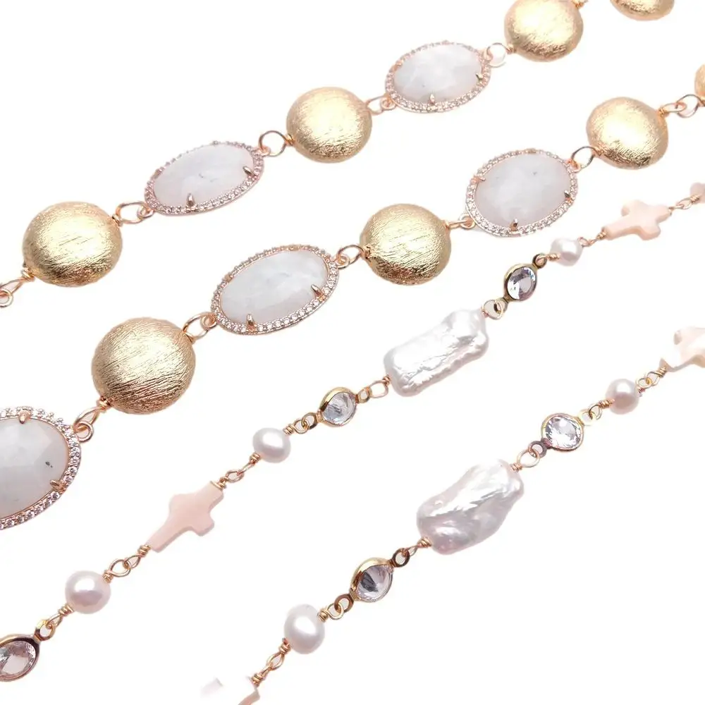 

Y·YING 2 Rows White Biwa Pearl Sea Shell Cross Rosary Chain Natural Moonstone Necklace