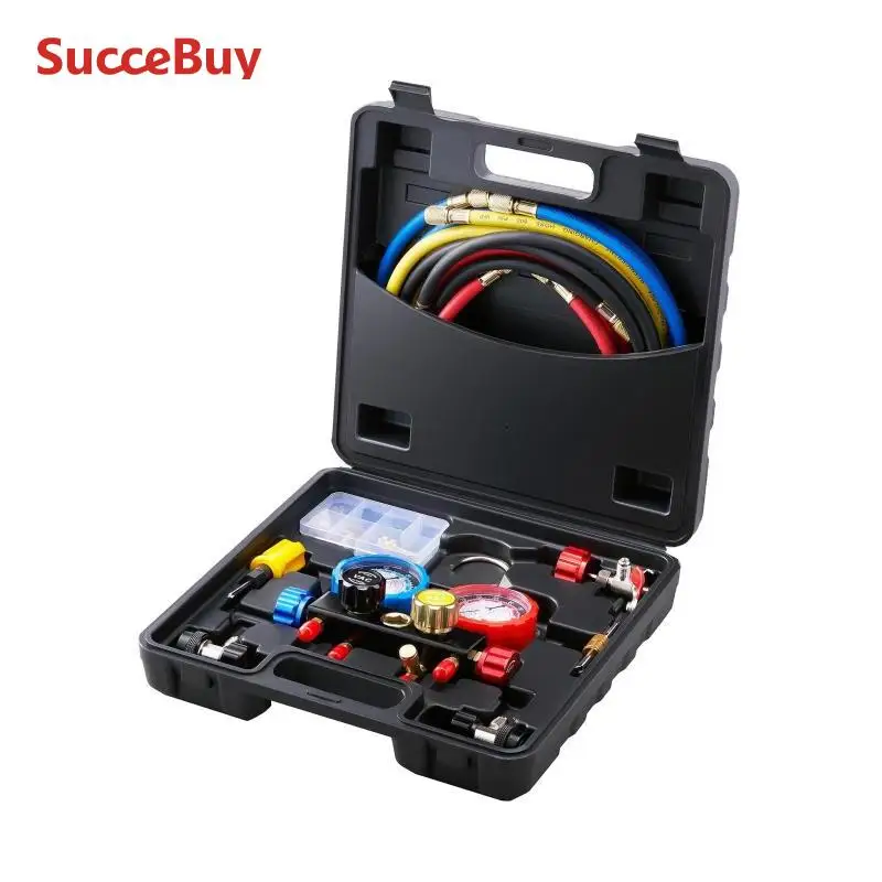 SucceBuy 4 Way AC Gauge-AC Manifold Gauge Set 5ft Hoses R134A/R22/R12/R410A Car Freon Charging and Evacuation ac gauge set