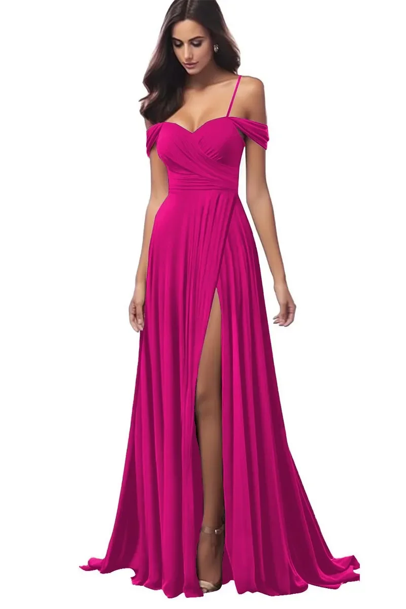 GDYBAO Womens Spaghtti Strap Birdesmaid Dresses With Slit Long Pleated Chiffon Prom Dress A-Line Drop Shoulder Evening Gowns 3