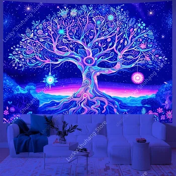 Arbre de vie tapisserie réactive UV nuit étoilée tapisserie tenture murale décor de chambre esthétique Hippie décoration murale de maison cadeau pour ami 1