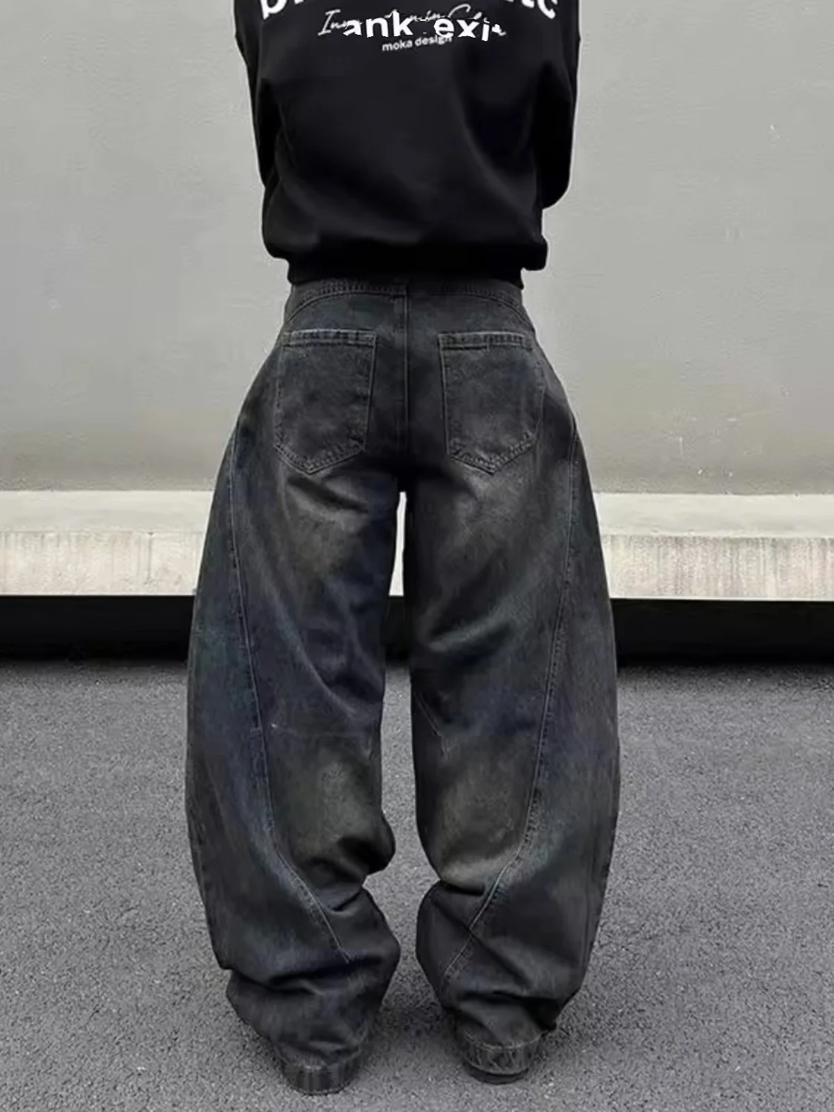 American High Street Baggy Silhouette Deep Blue Curved Knife Jeans Men's Waed Retro Banana Wide Leg Casual Scythe Pants