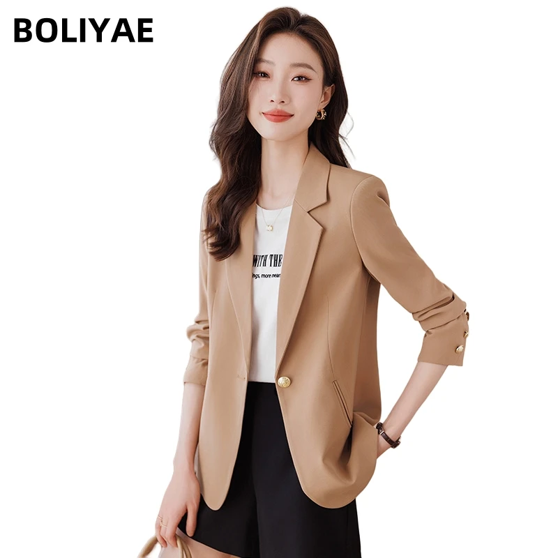 

Boliyae Casual Fashion Black Green Single Button Blazers Women Long Sleeve Jacket Coat Female Office Outerwear Elegant Chic Top