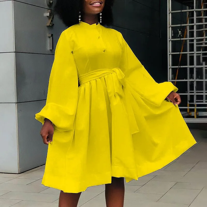 Vestido elegante de talla grande 5XL para mujer, moda informal, sólido, manga larga linterna, vestido africano con cordones, vestido de baile de