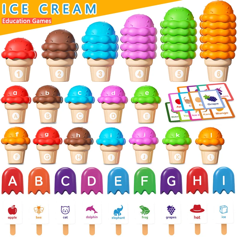Ice Cream Sorting Montessori Didactic Toys Baby Learning Number Letter Color Sensory Play Stacking Matching Education_voghion.com