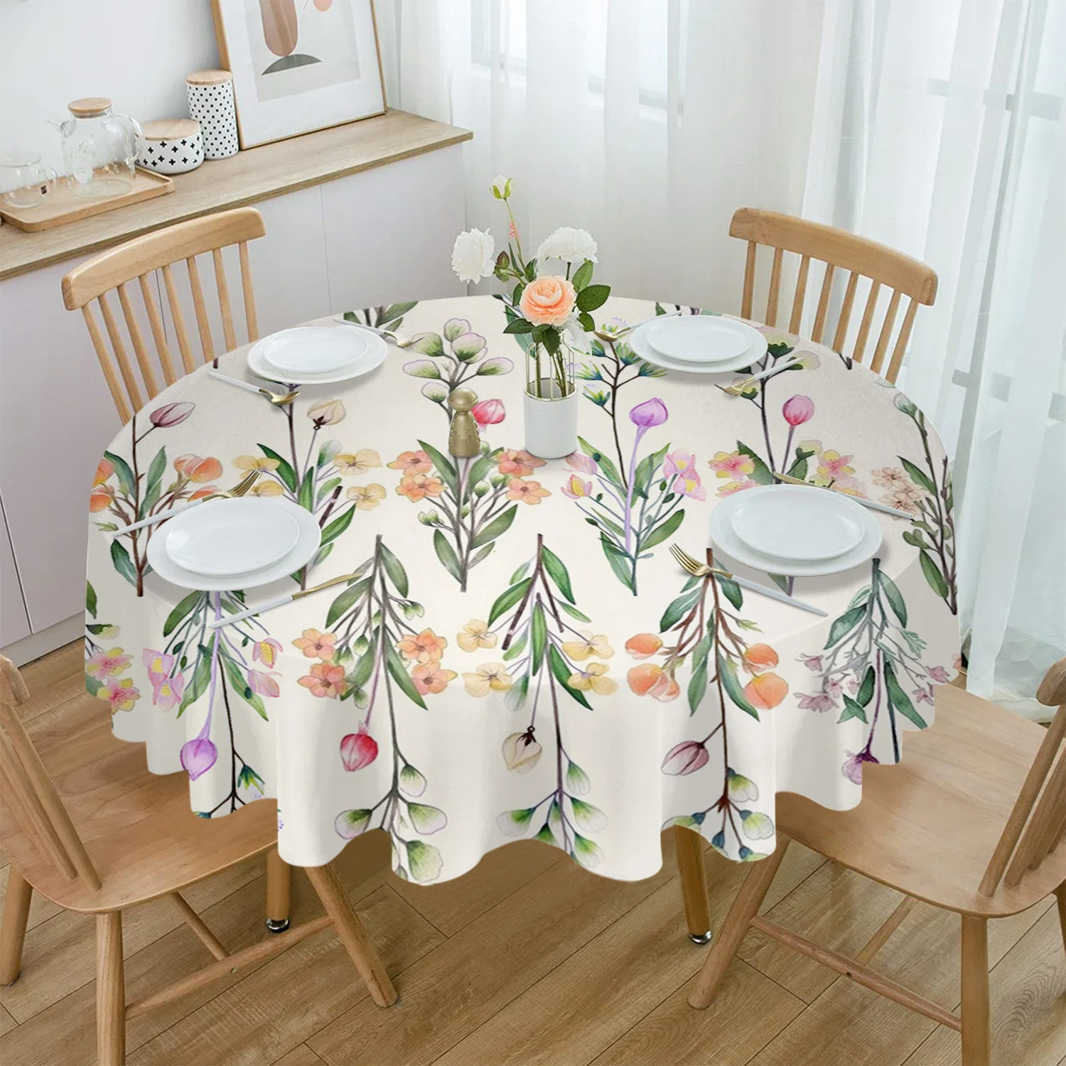 

Flowers Foliage Round Tablecloth Party Kitchen Dinner Table Cover Holiday Decor Waterproof Tablecloths