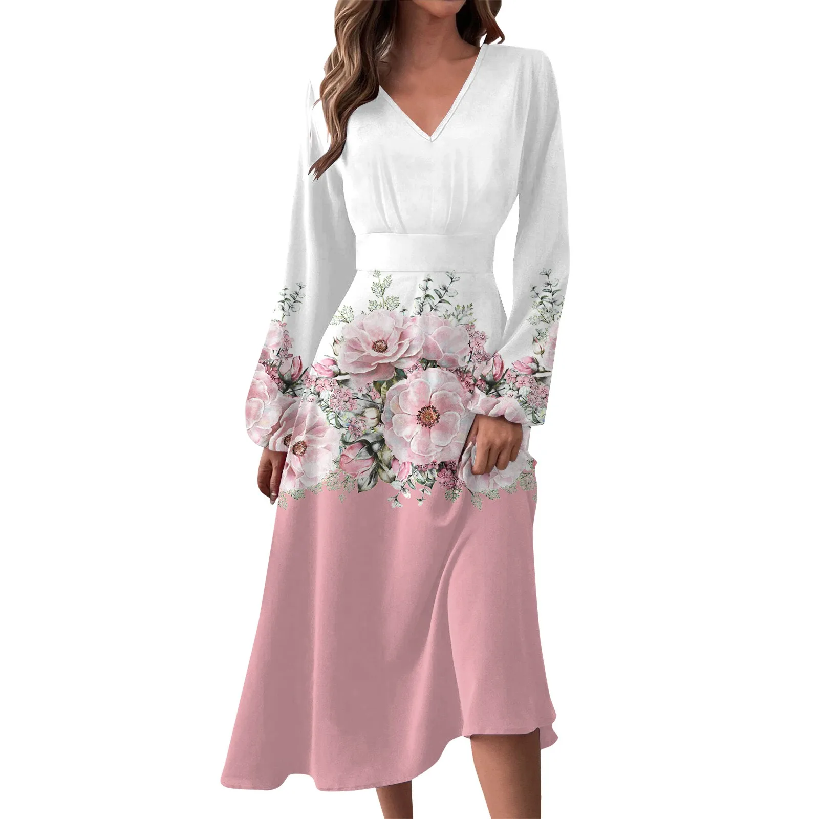 

Женское осенне-зимнее повседневное Модное Длинное Платье с V-образным вырезом и длинным рукавом с цветочным принтом платья для женщин элегантные и красивые платья