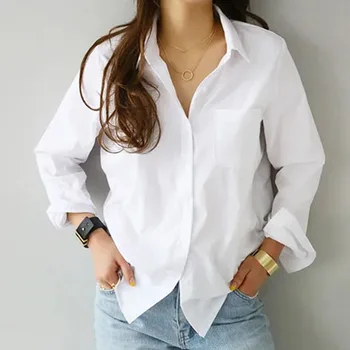 Women’s OL Style White Cotton Shirt – Elegant Long Sleeve Office Blouse