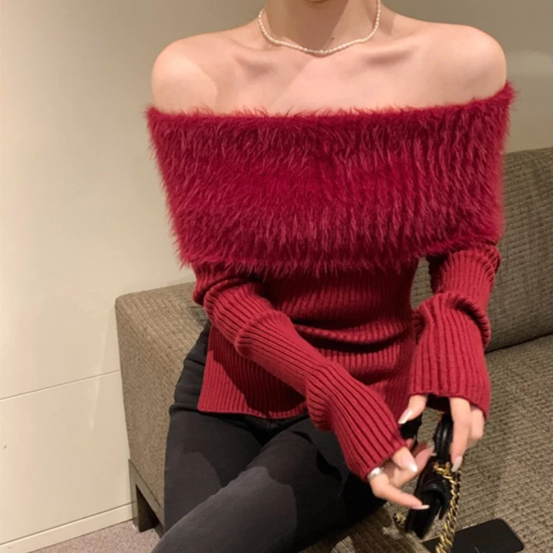 Autumn and Winter New Women's Long-sleeved Fleece Shoulder-knitted Sweater Sexy Casual Slim-fit Knitted Top