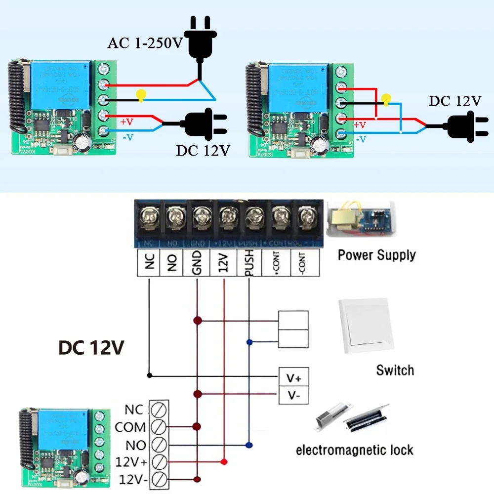 RF Receiver and Wireless Remote Control with A/B button Transmitter 50m 433MHz DC 12V 1CH Relay Module for LED/DIY 5