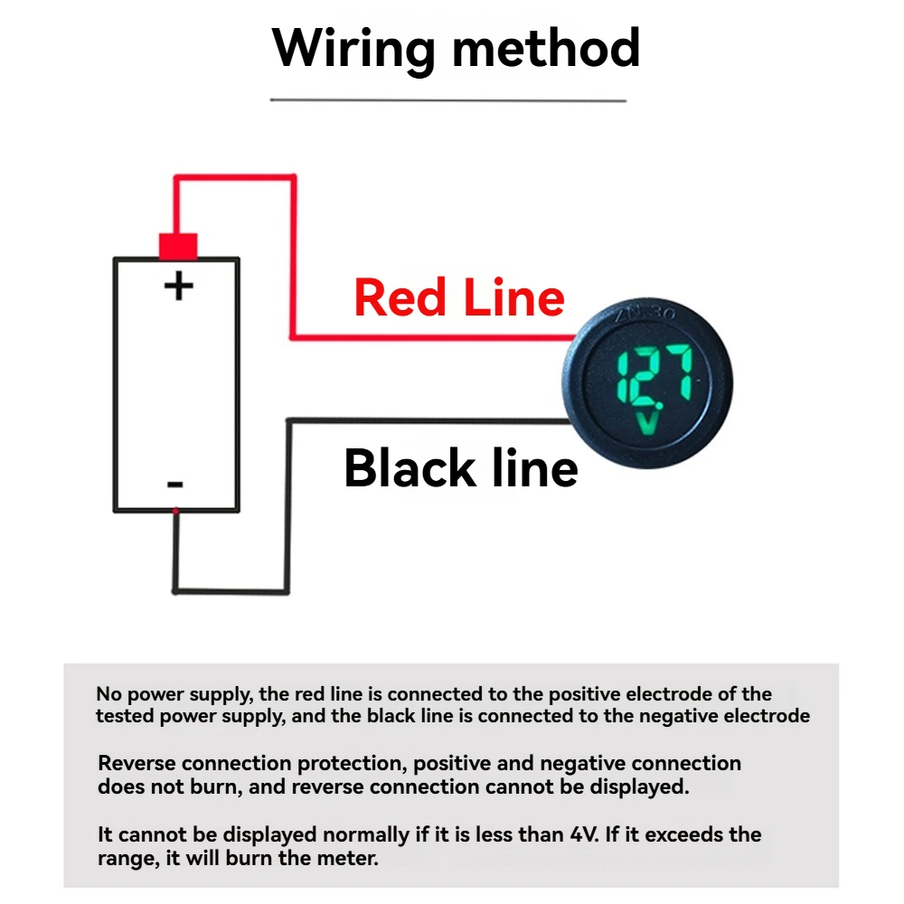 1/2PCS 라운드 LED 디지털 디스플레이 원형 2 선식 전압계 DC 4-100V 자동차 전압 게이지 디스플레이 역방향 연결 보호