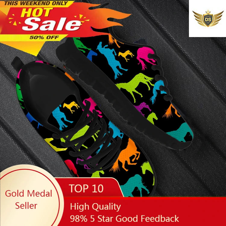 

New Style Women Breathable Flat Shoes Lace-up Mesh Sneakers Colorful Horse 3D Print Casual Footwear For Female