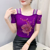 High Quality Summer Slim Sweet Girls T-Shirt Shiny Flower Design Hot Diamonds Tops Women's Brand Clothes Sexy Tees - Image 4