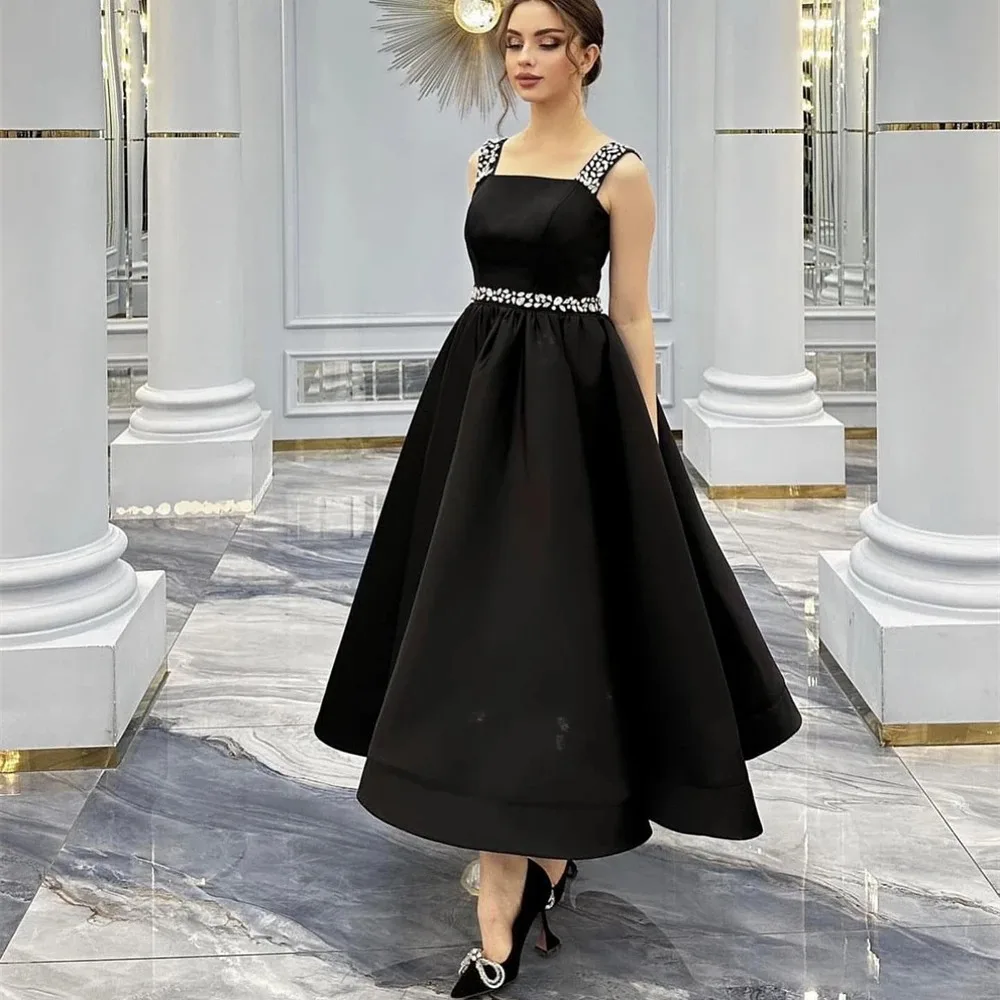 

Fashion Black Square Collar Beading Satin Formal Occasion Prom Dresses Ankle Length Women Evening Party Dress فساتين السهرة